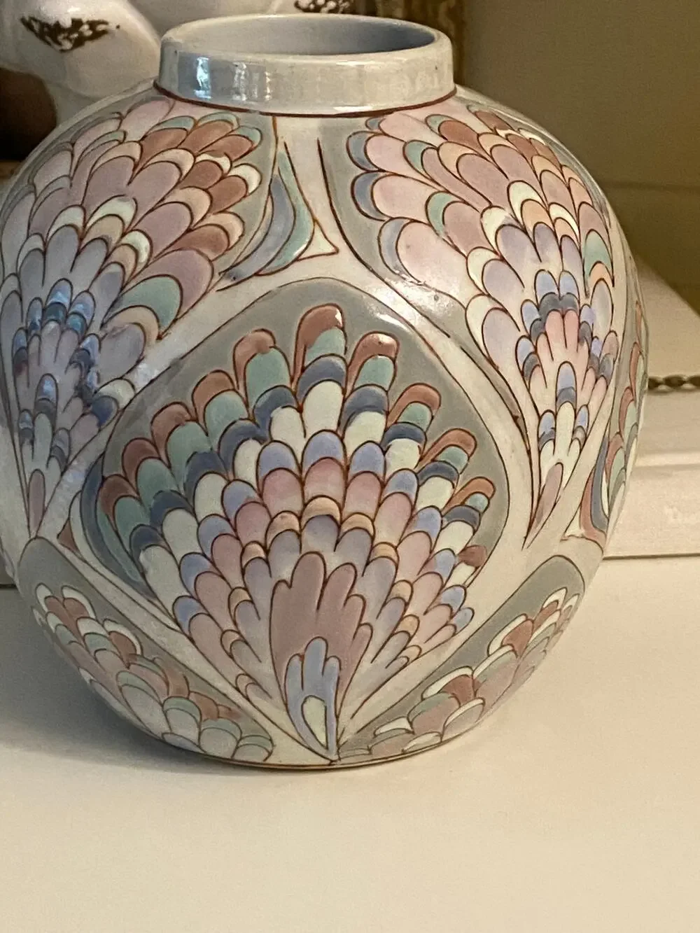 Vintage Pastel Feathered art Nouveau Style Deco Art vase MCM